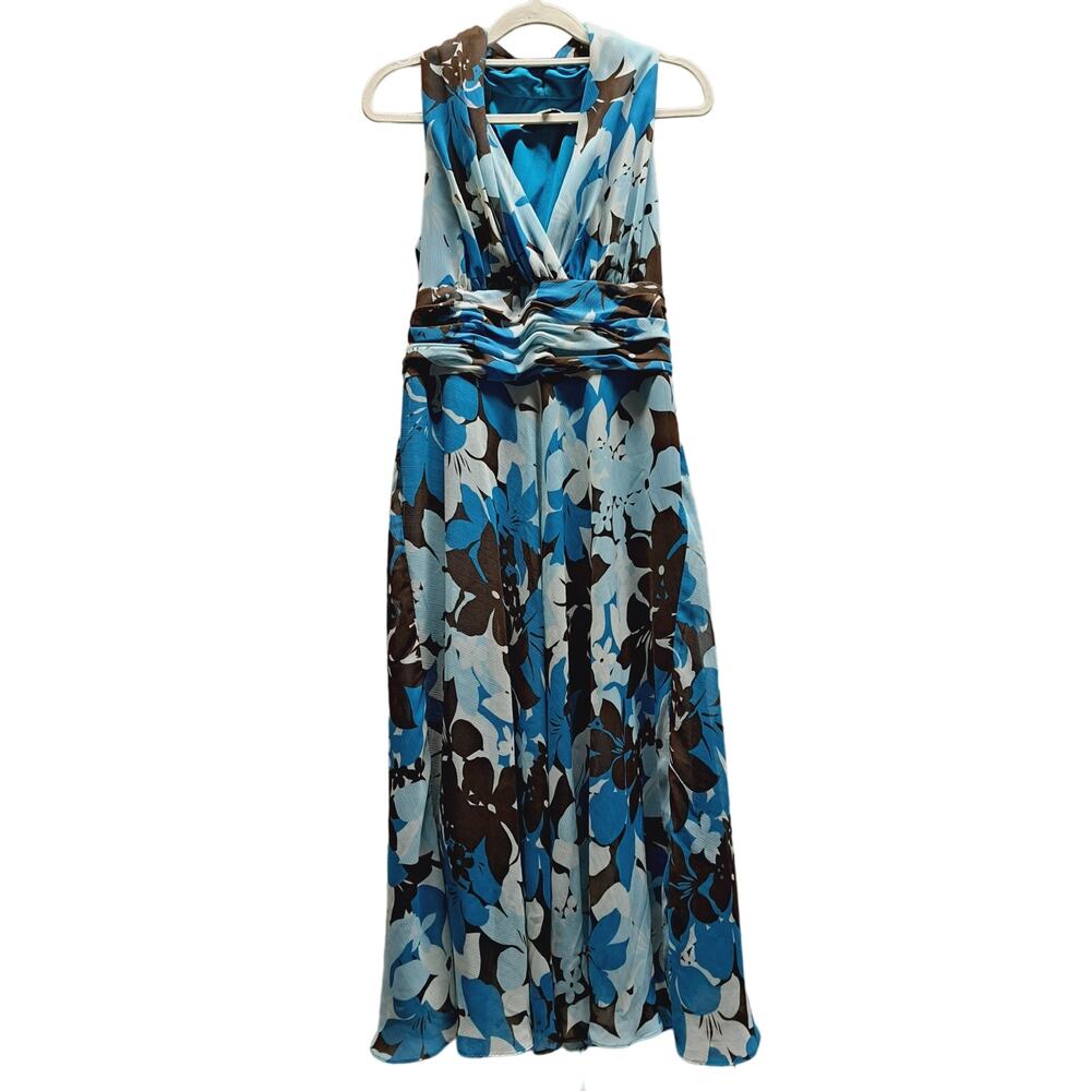 Evan Piccone Teal Lt Blue White Brown Floral Sleeveless V-Neck Maxi Dress 8